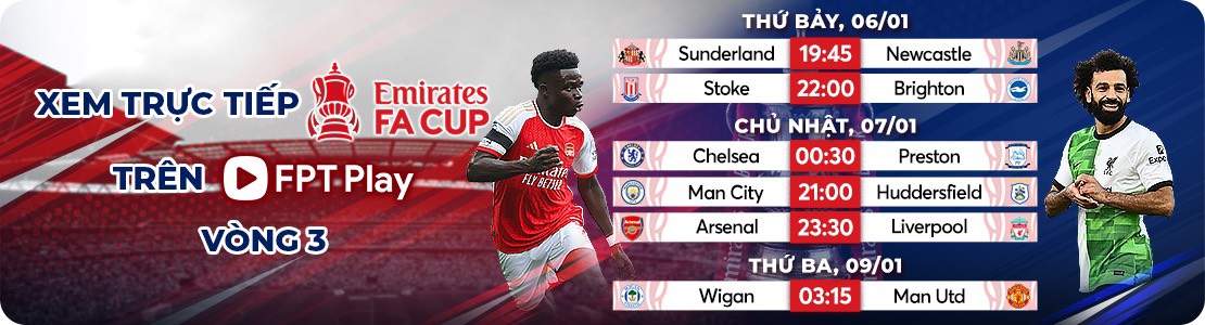 Lịch thi đấu vòng 3 FA Cup trực tiếp độc quyền trên FPT play FA CUP được biết đến Là giải đấu bóng đá có lịch sử lâu đời nhất trên thế giới , thường xuyên tạo ra những bất ngờ và cảm xúc mạnh mẽ khi các đội bóng yếu thường có cơ hội để vượt qua các đối thủ mạnh, đặc biệt là các đội đang tham gia giải Ngoại hạng Anh. Lịch thi đấu vòng 3 FA Cup mùa giải 2023/24 đã được công bố sau lễ bốc thăm diễn ra vào ngày 02/12/2023. Các trận đấu nổi bật gồm các đội lớn của Ngoại Hạng Anh tại Premier League, đặc biệt là trận đấu giữa Arsenal và Liverpool, hai đội bóng hàng đầu của Ngoại hạng Anh. Dưới đây là lịch thi đấu chi tiết của vòng 3 FA Cup:
